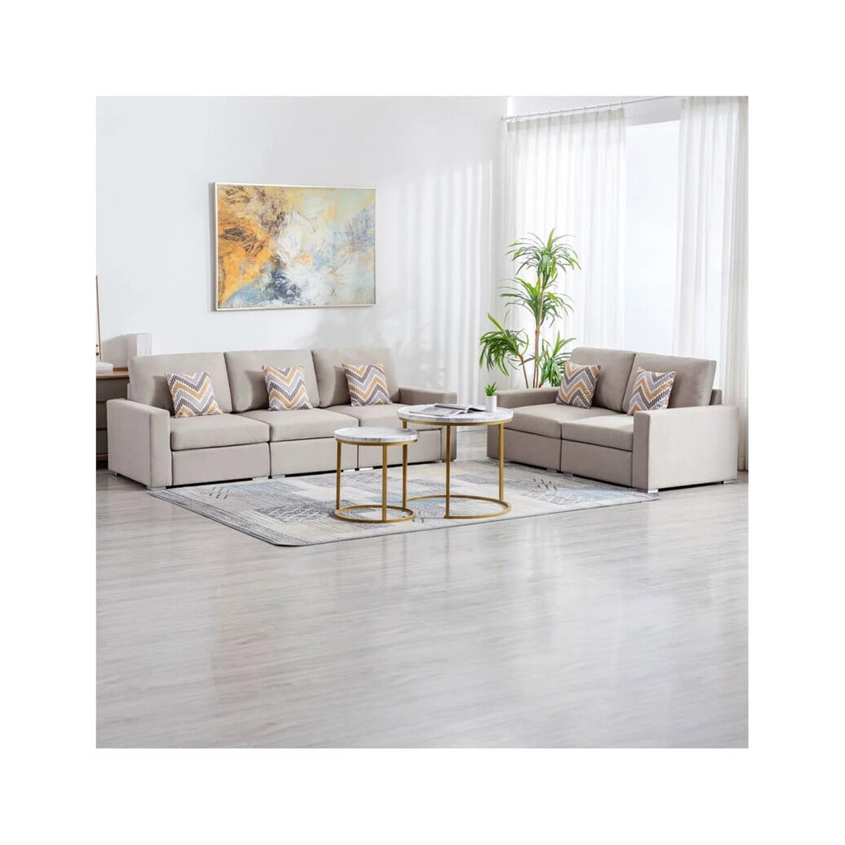 Beige Linen Fabric Sofa and Loveseat Living Room Set N31883