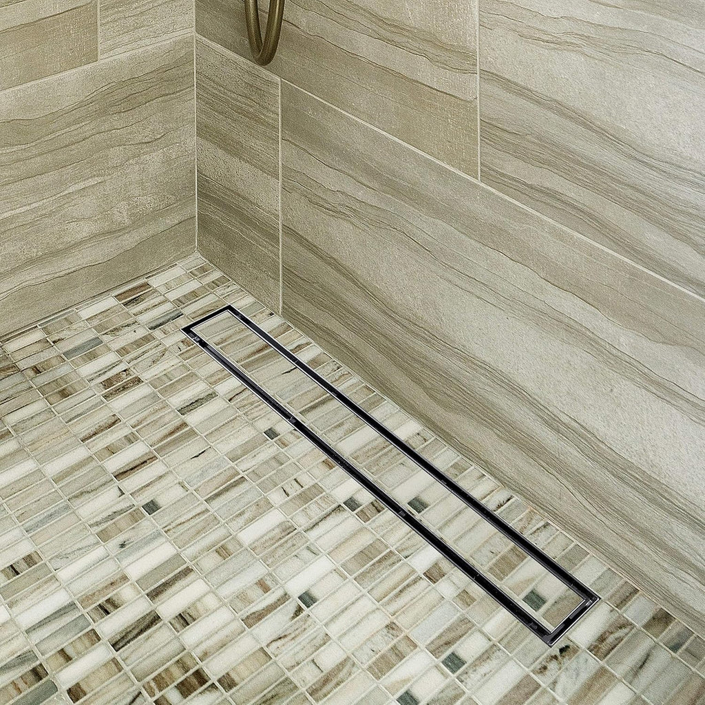 28-Inch Brushed 304 Stainless Steel Rectangle Shower Drain with Tile Insert Grate L1643