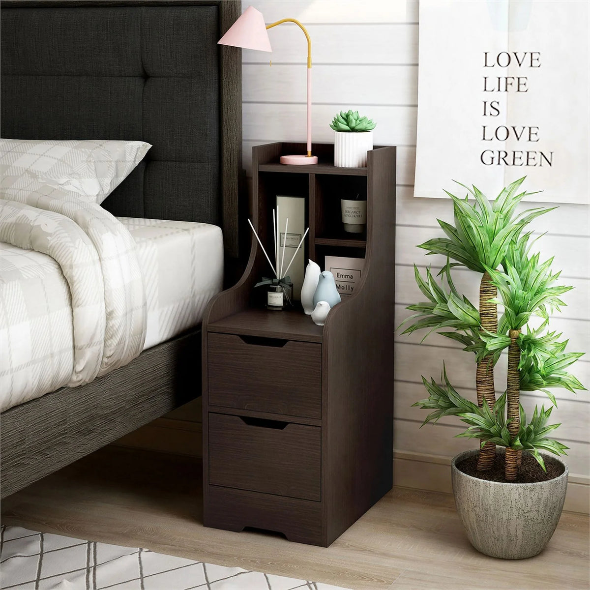 Walnut Wood 2-Drawer Nightstand with Open-Shelf Z51652