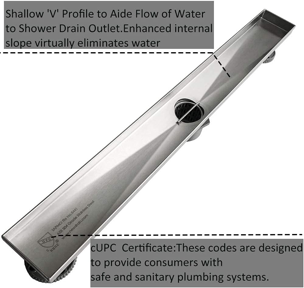 28-Inch Brushed 304 Stainless Steel Rectangle Shower Drain with Tile Insert Grate L1643