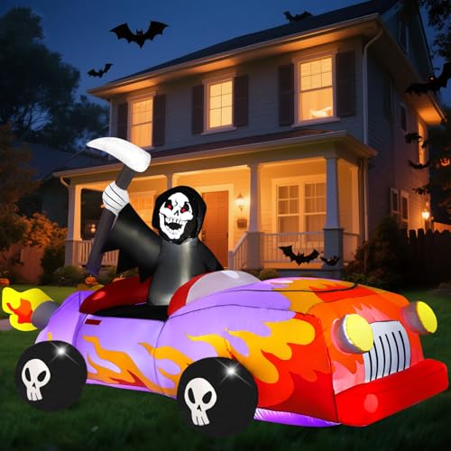 8ft Long Halloween Inflatable Grim Reaper Driving Car with Build-in LEDs B237