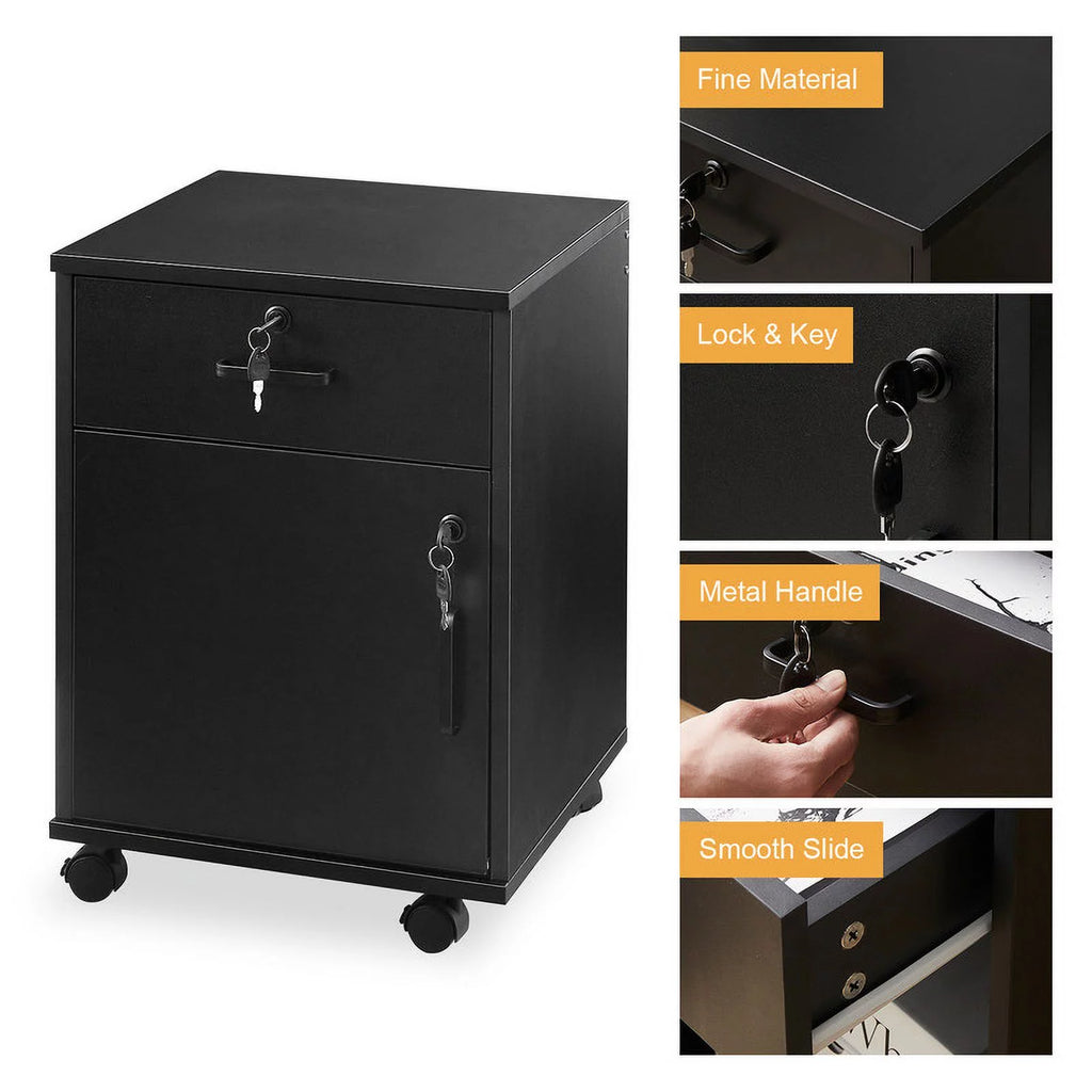 Black Mobile Office Cabinet with 1 Lockable Drawer U75204