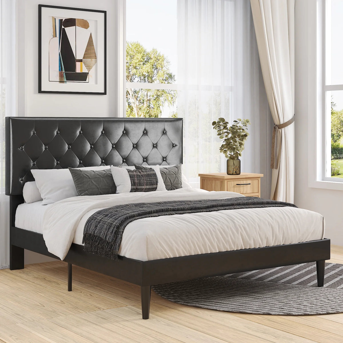 Black Queen Size Platform Bed Frame with Adjustable Tufted Headboard Z15807
