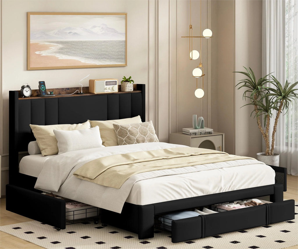 Faux Leather Upholstered Queen Bed Frame with Storage Headboard A13116