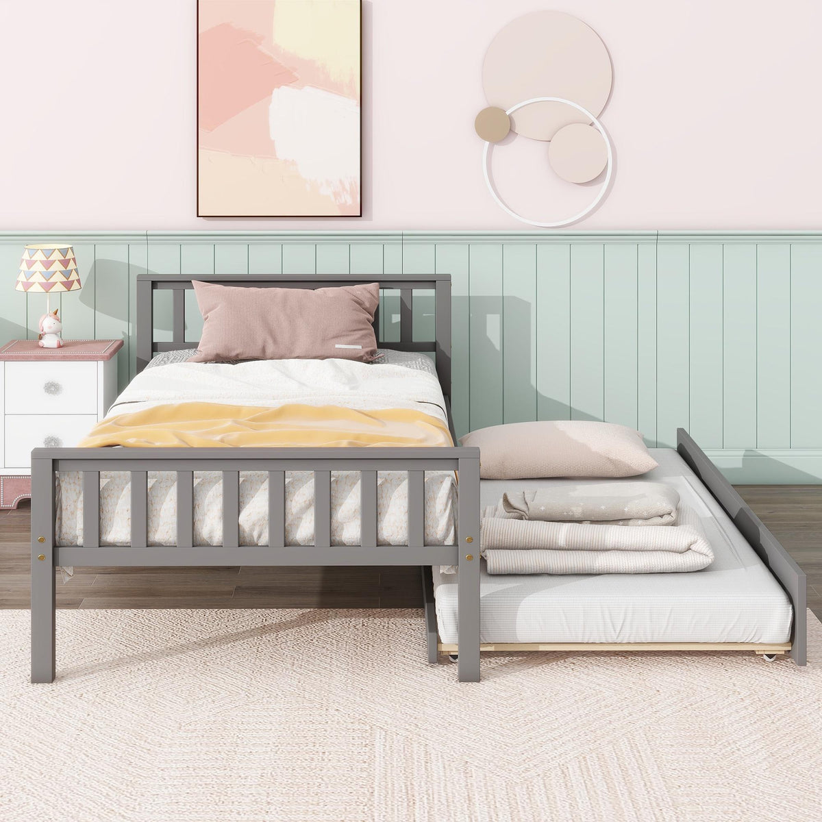 Gray Twin Size Wood Platform Bed with Trundle E451395